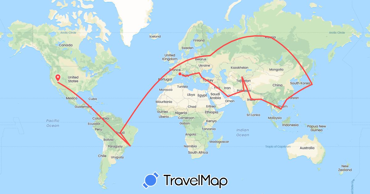 TravelMap itinerary: driving, hiking in United Arab Emirates, Brazil, China, Germany, France, India, Italy, Japan, Pakistan, Romania, Russia, Turkey, United States, Uzbekistan, Vietnam (Asia, Europe, North America, South America)